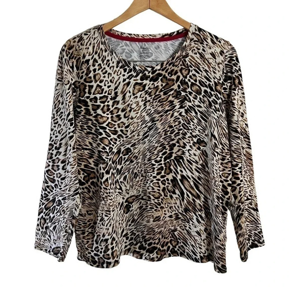 Rafaella Tops - Rafaella Animal Print Top XL Studded Leopard Cheetah Long Sleeves Neutral Colors